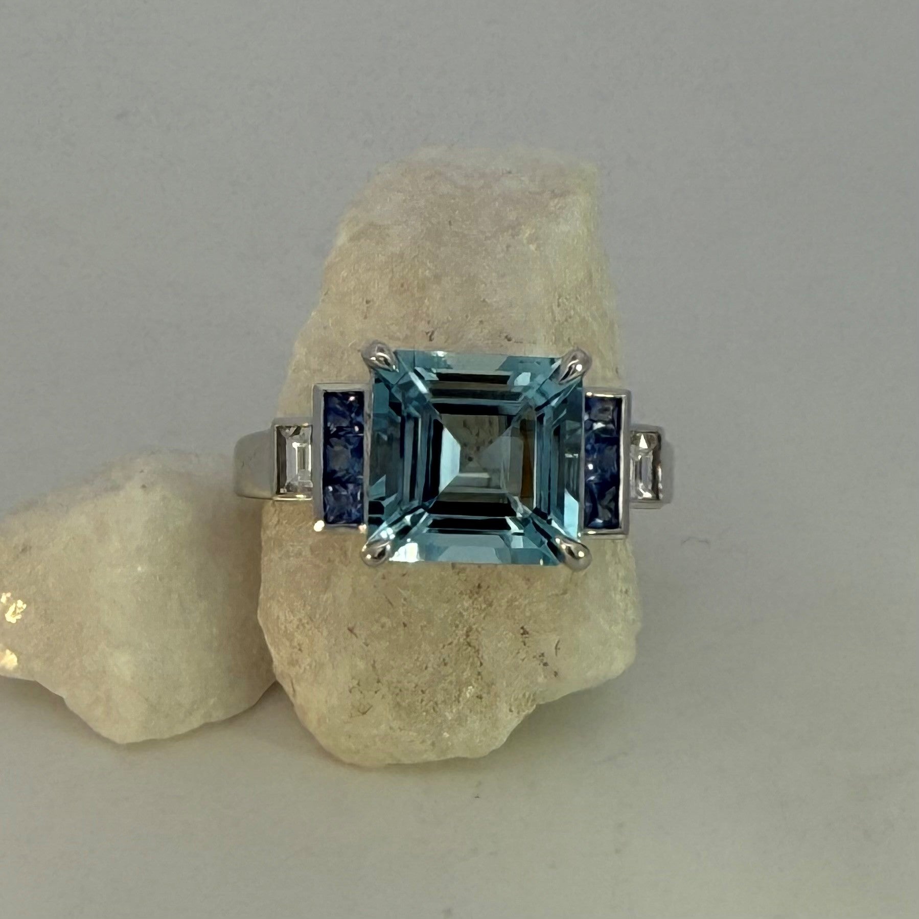 Aquamarine, Ceylon Sapphire & Natural Mined Diamond Dress Ring