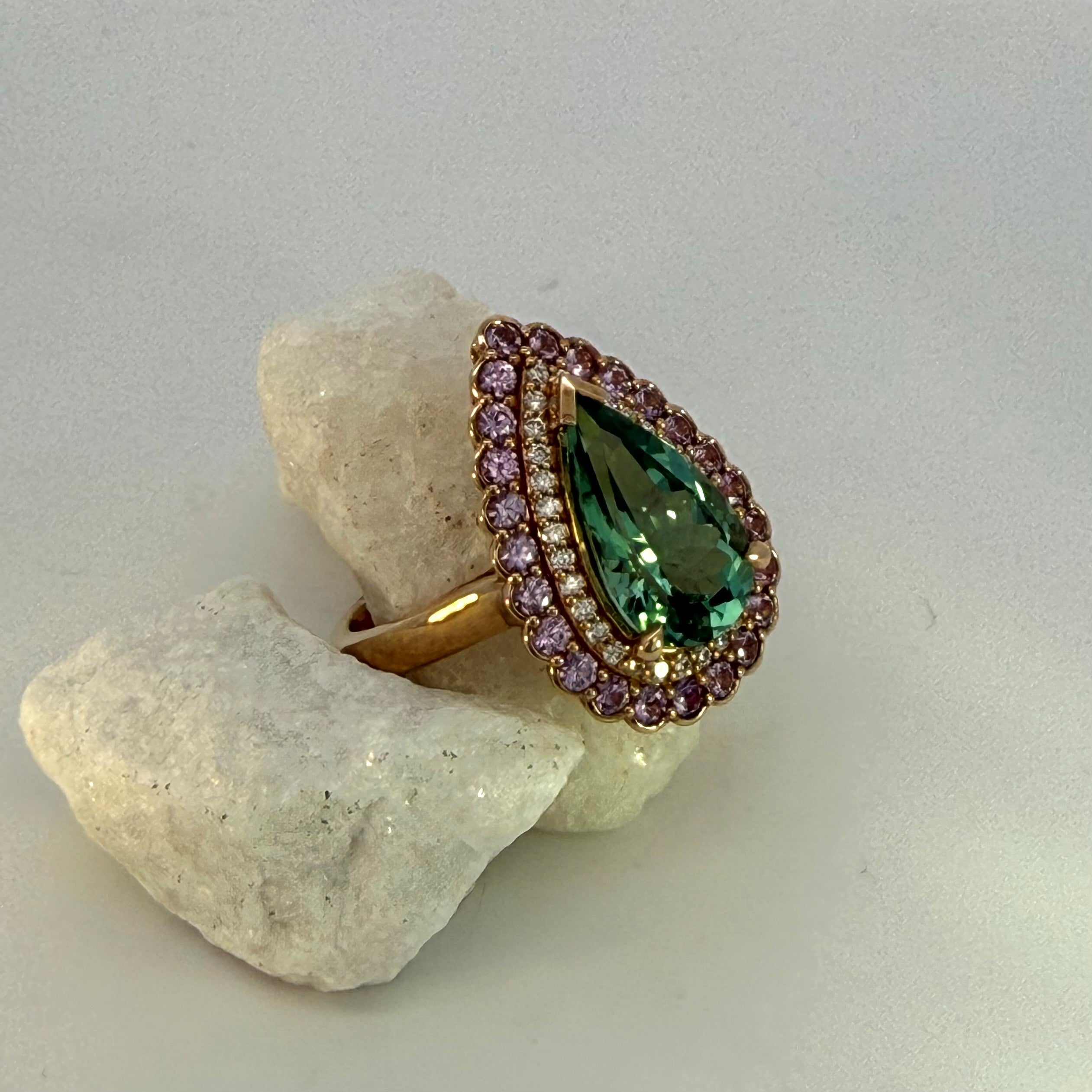 Mint Tourmaline, Purple Sapphire and Natural Mined Diamond Ring