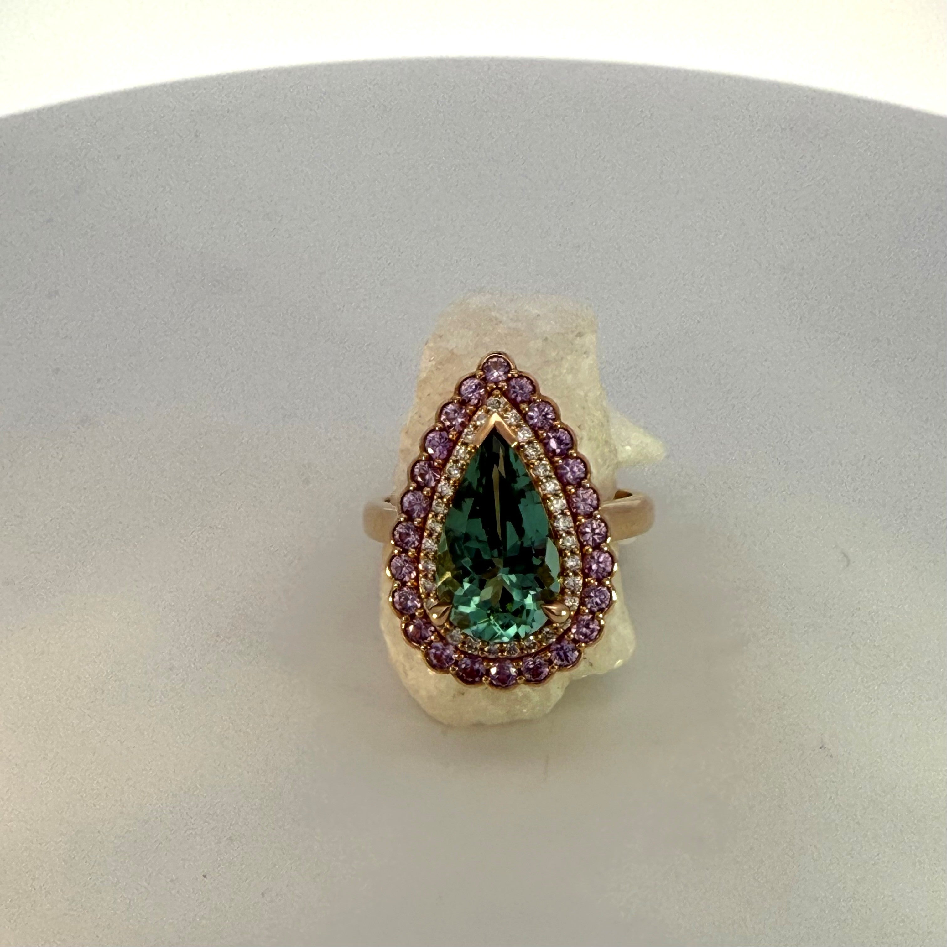 Mint Tourmaline, Purple Sapphire and Natural Mined Diamond Ring