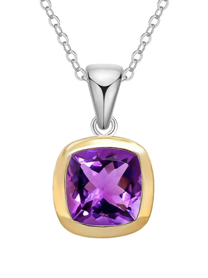 Sterling Silver & 9ct Yellow Gold Cushion Amethyst Pendant