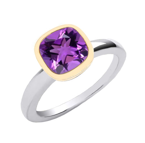 Sterling Silver & 9ct yellow Gold Cushion Amethyst Ring