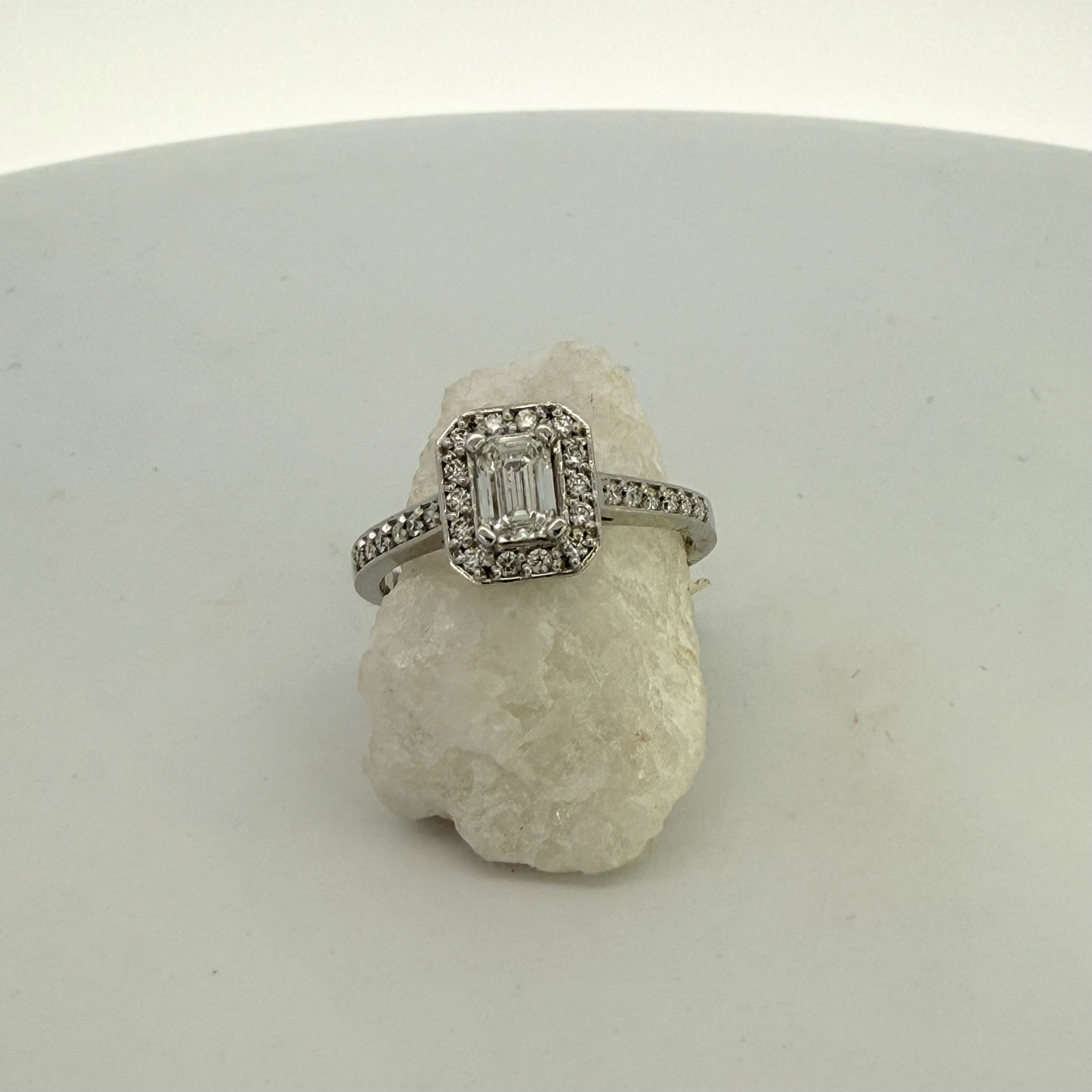 Emerald Cut Halo Natural Mined Diamond Ring