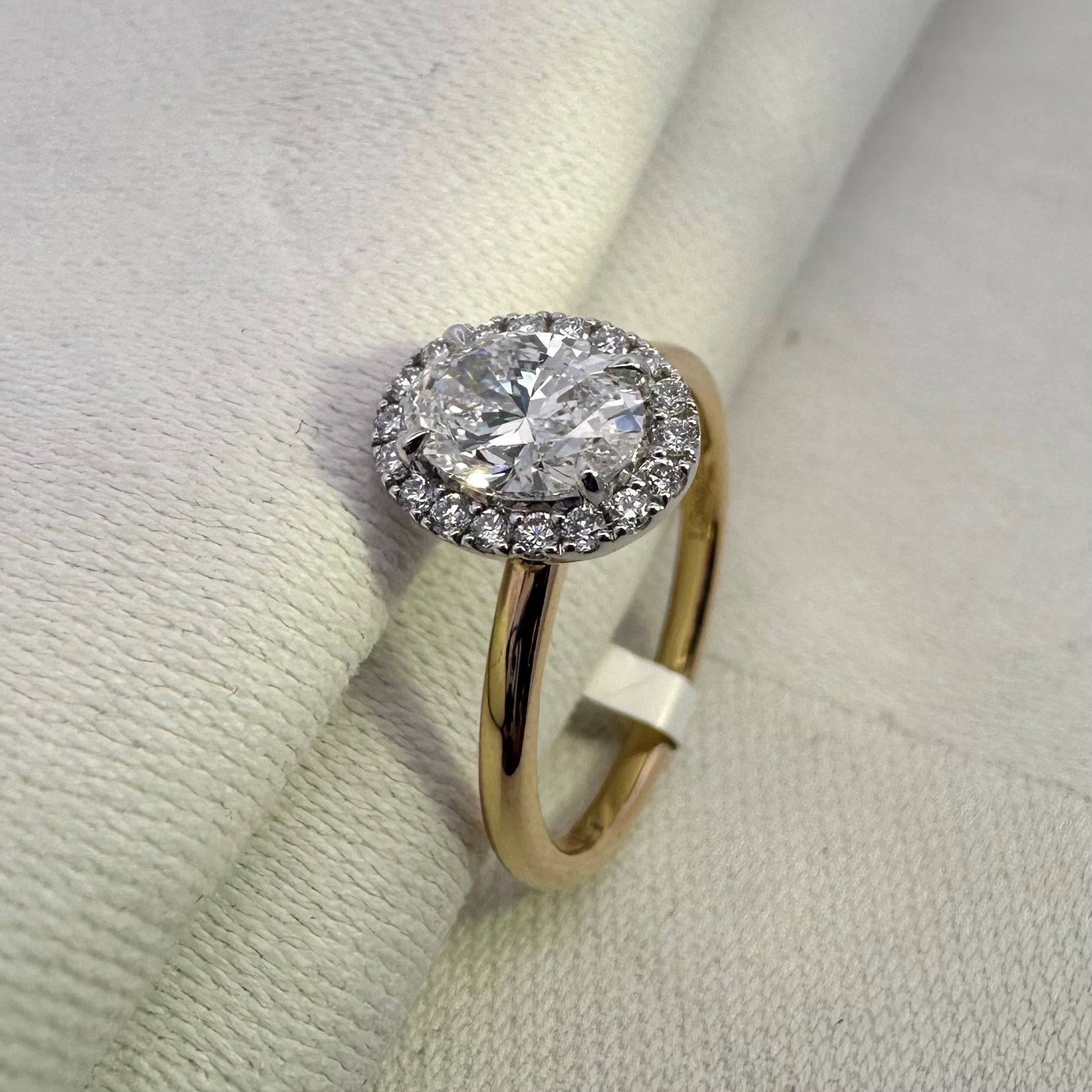 1ct Oval Cut Lab Grown Diamond Halo Ring in 18ct Yellow and White Gold