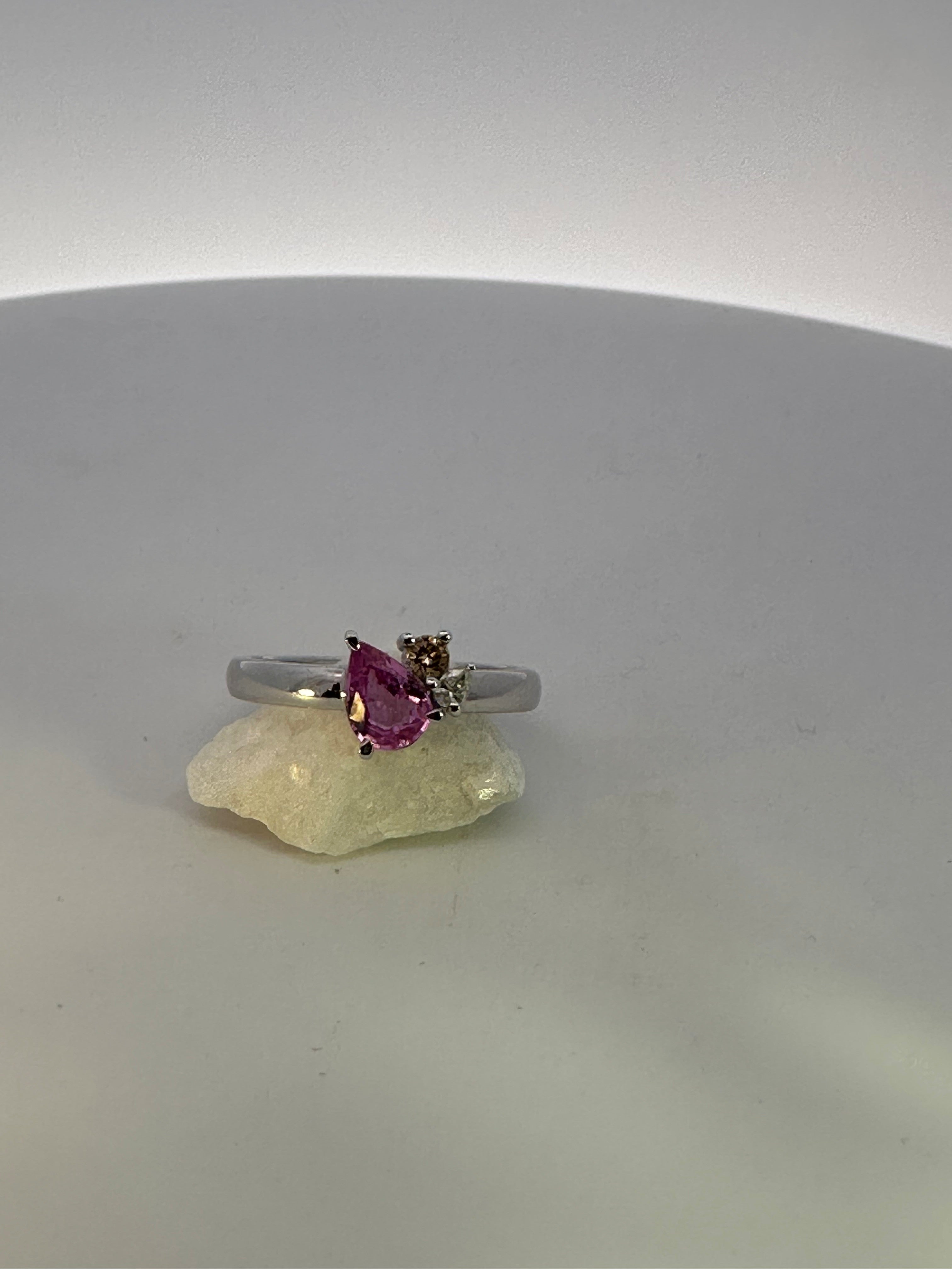 Pink Pear Sapphire, Yellow & White Natural Mined Diamond Ring