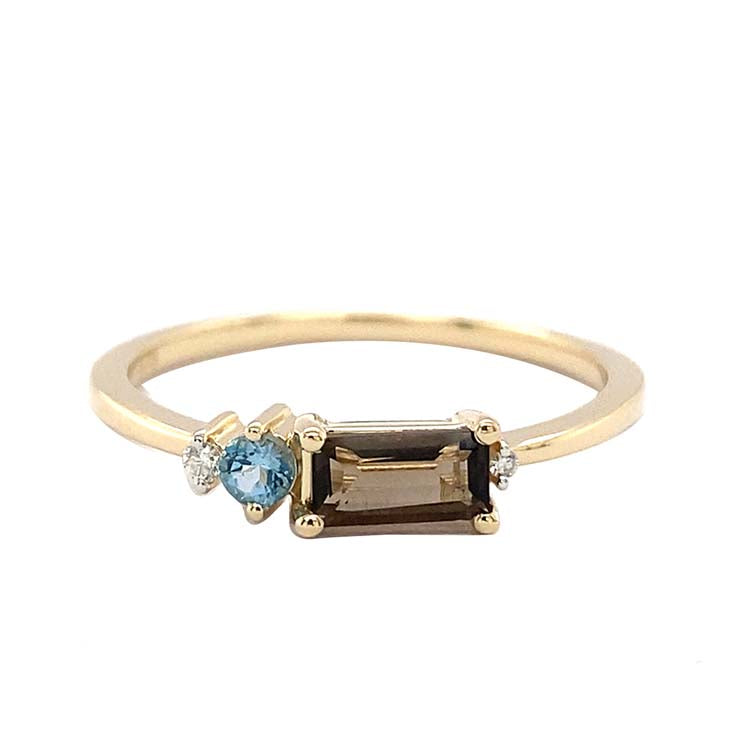 Diamond, Smoky Quartz, Blue Topaz Ring with 0.02ct Diamond in 9ct Yellow Gold