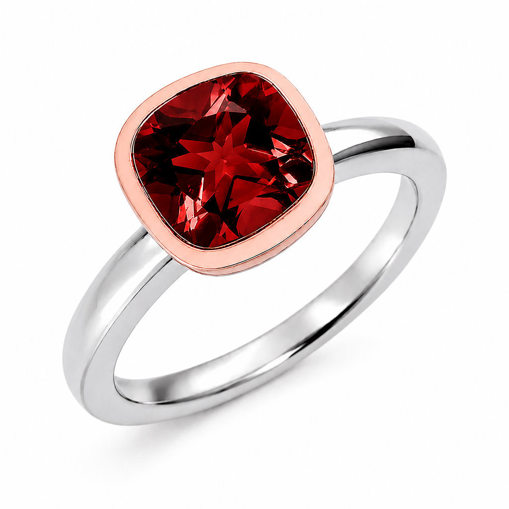 Sterling Silver & 9ct Rose Gold Cushion Garnet Ring