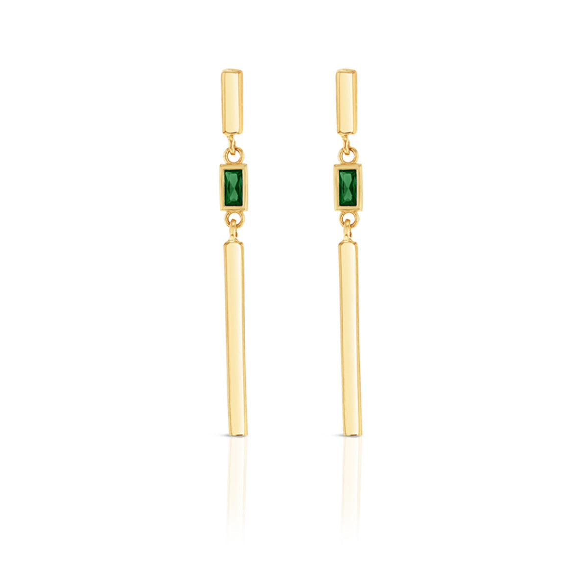 9ct Yellow Gold Green Stone Vertical Plain Bar Drop Studs