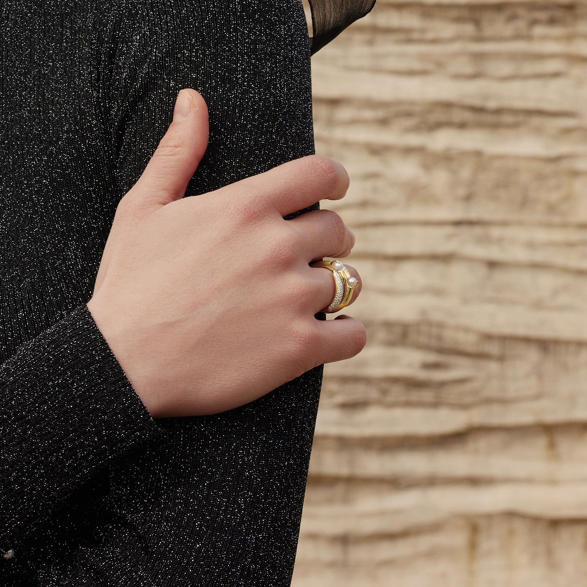 Ania Haie Gold Sparkle Pearl Crossover Adjustable Ring