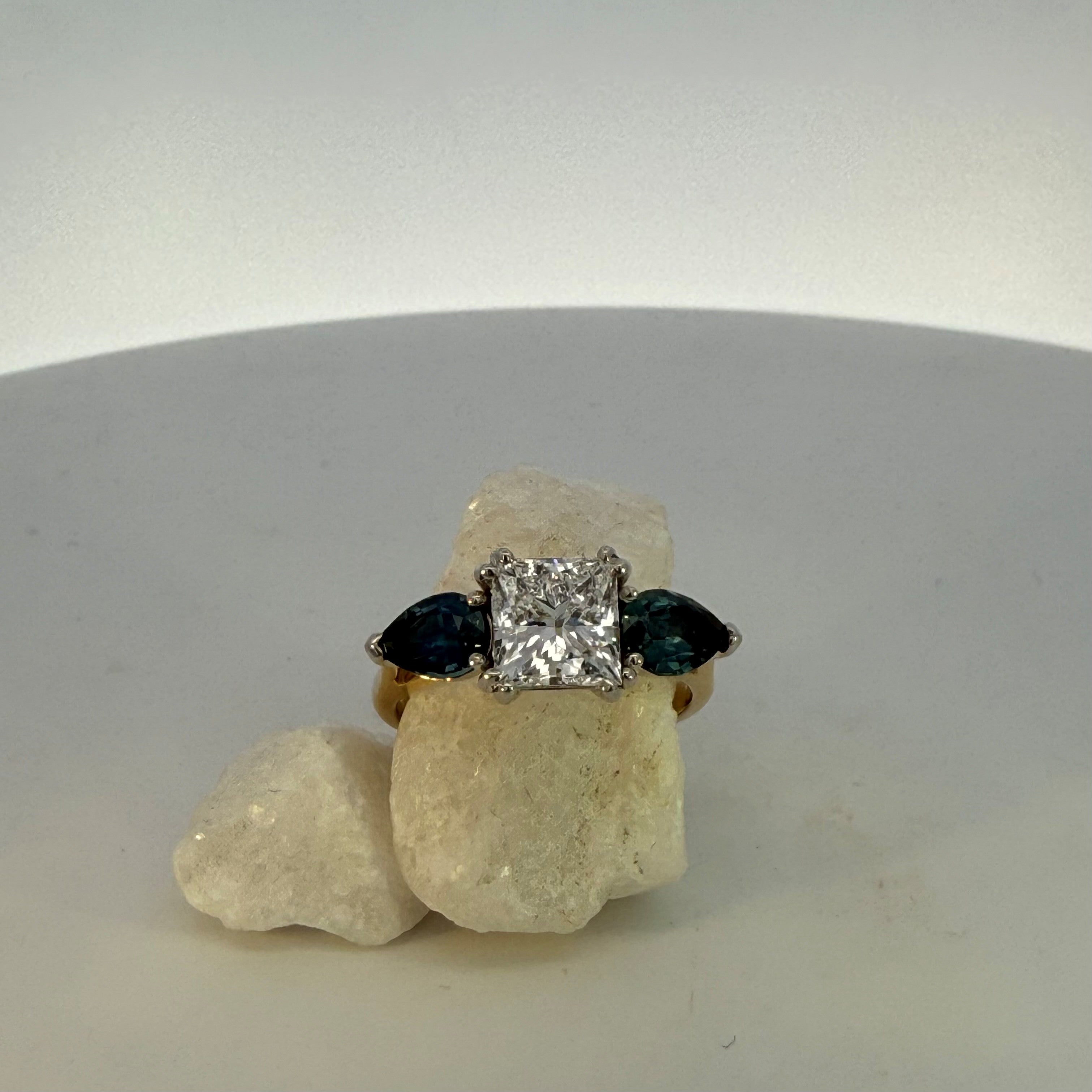 Lab Grown Princes Cut Diamond and Montana Sapphire Ring