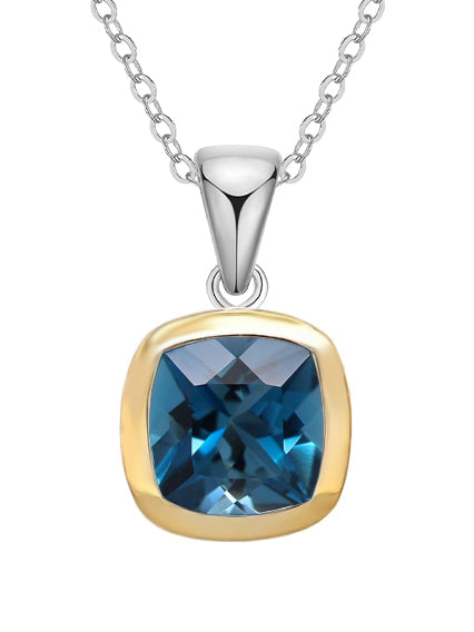 Sterling Silver & 9ct Yellow Gold Cushion London Blue Topaz Pendant