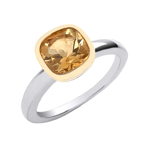 Sterling Silver & 9ct Yellow Gold Cushion Citrine Ring