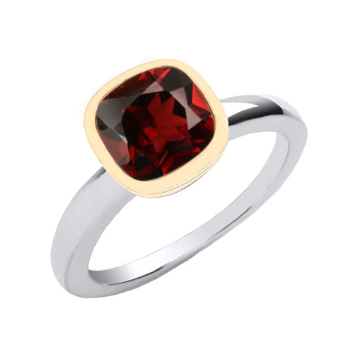 Sterling Silver & 9ct Yellow Gold Cushion Garnet Ring