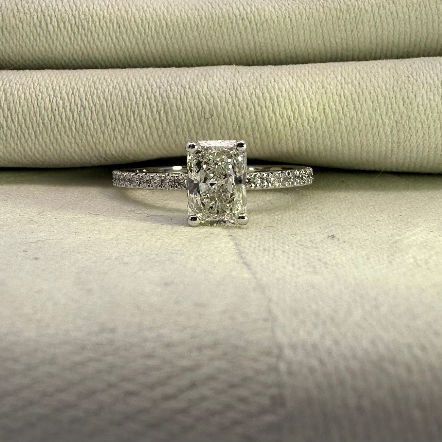 1.17ct Radiant Cut Lab Grown Diamond with Diamond Set Outer Halo and Shoulders in 18ct White Gold