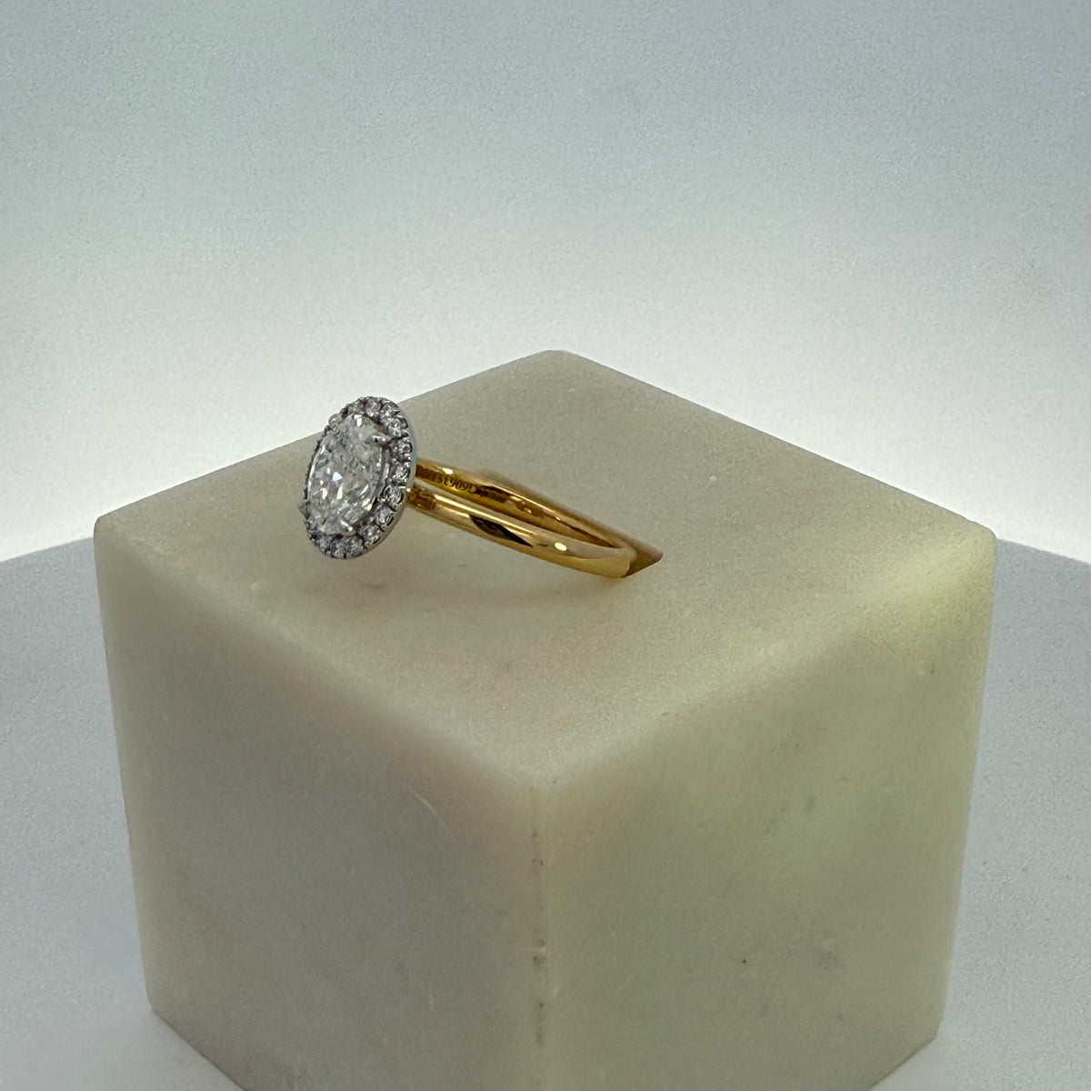 1ct Oval Cut Lab Grown Diamond Halo Ring in 18ct Yellow and White Gold