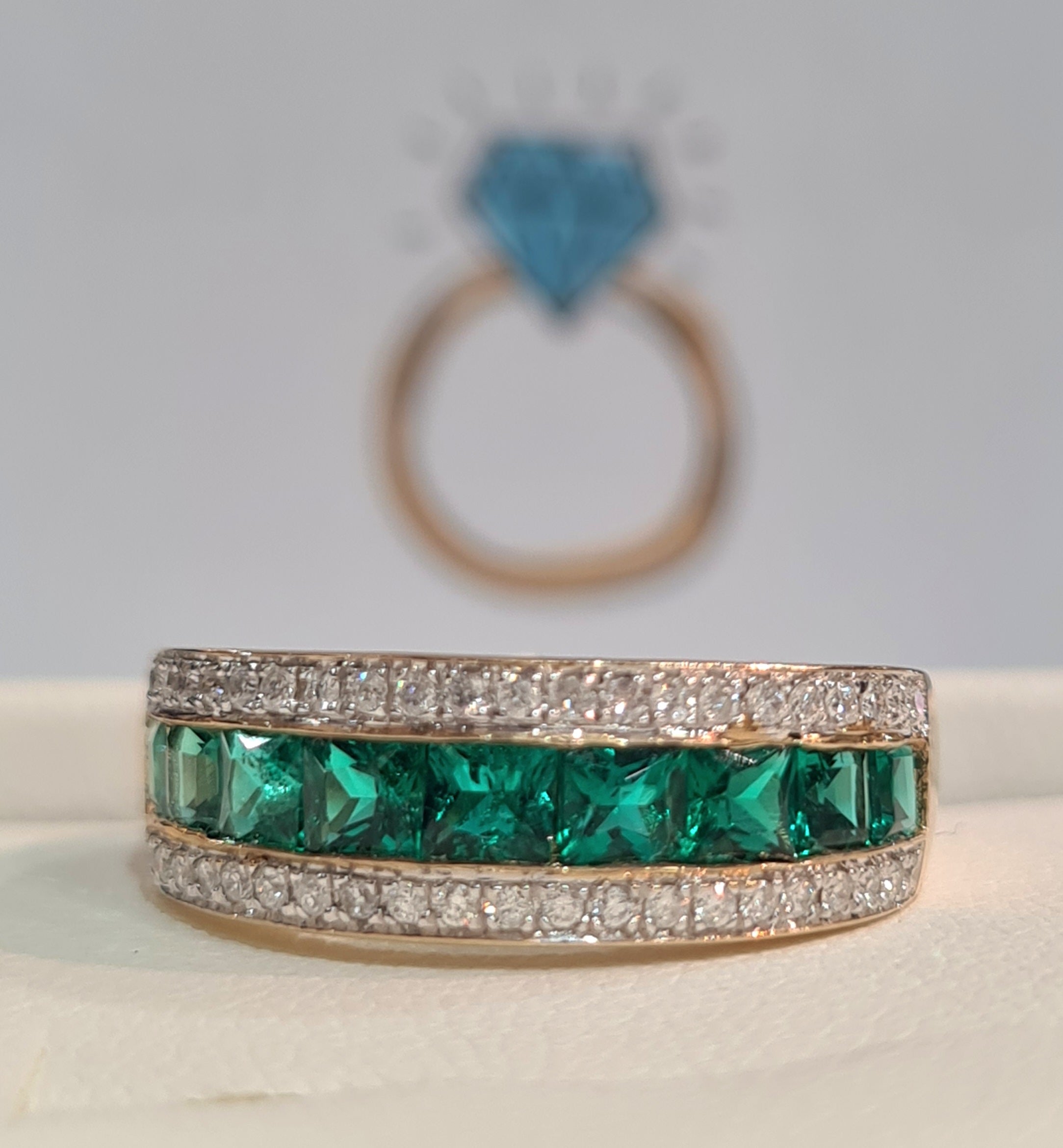9ct Yellow Gold Diamond & Created Emerald Ring