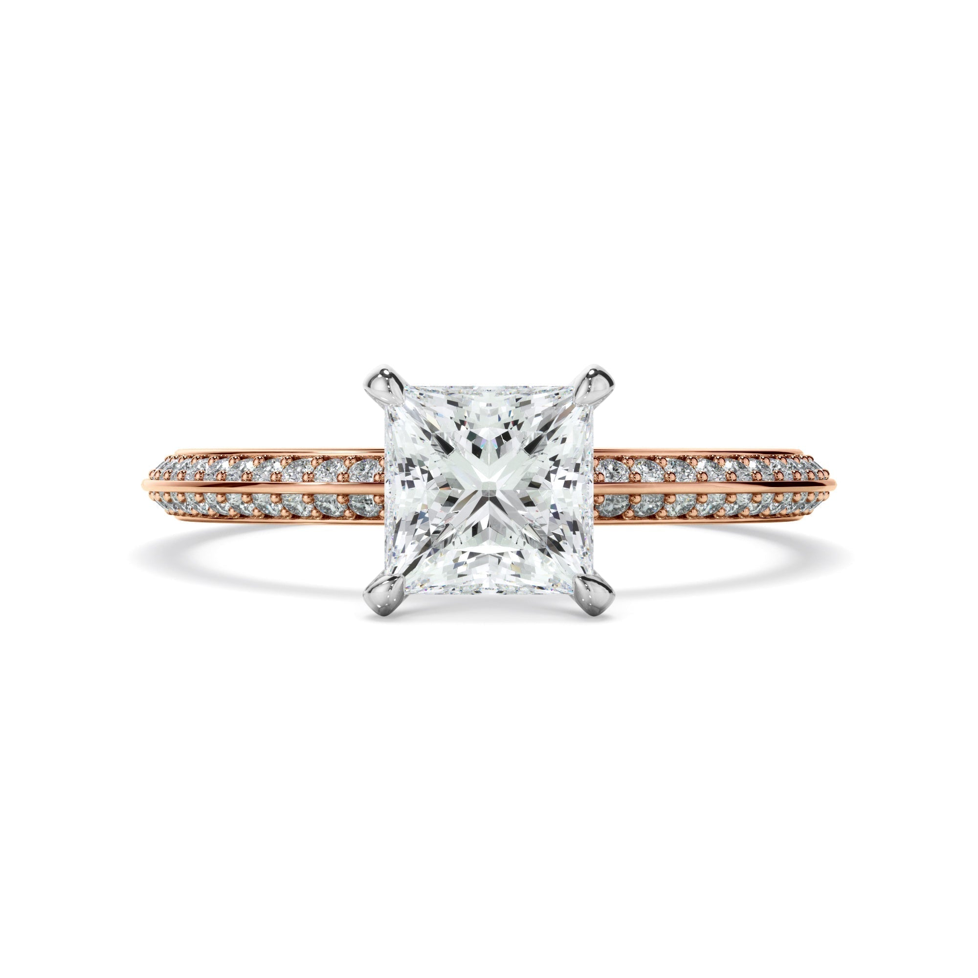 Princess Cut Diamond Knife Edge Engagement Ring With Diamond Pave Sides