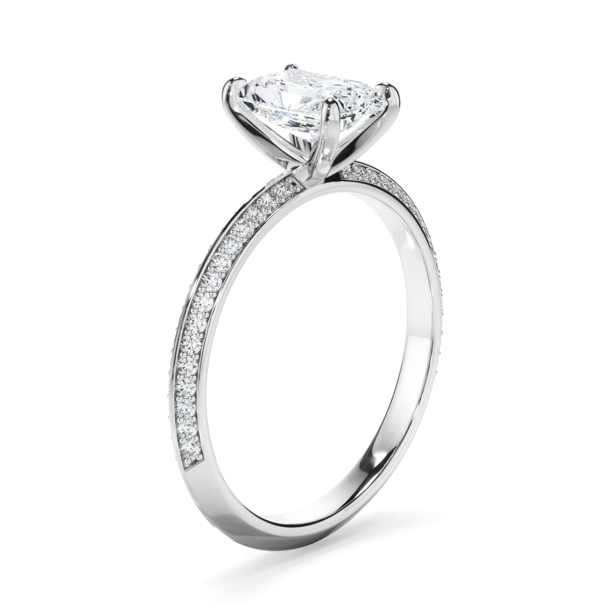 Radiant Cut Diamond Knife Edge Engagement Ring With Diamond Pave Sides