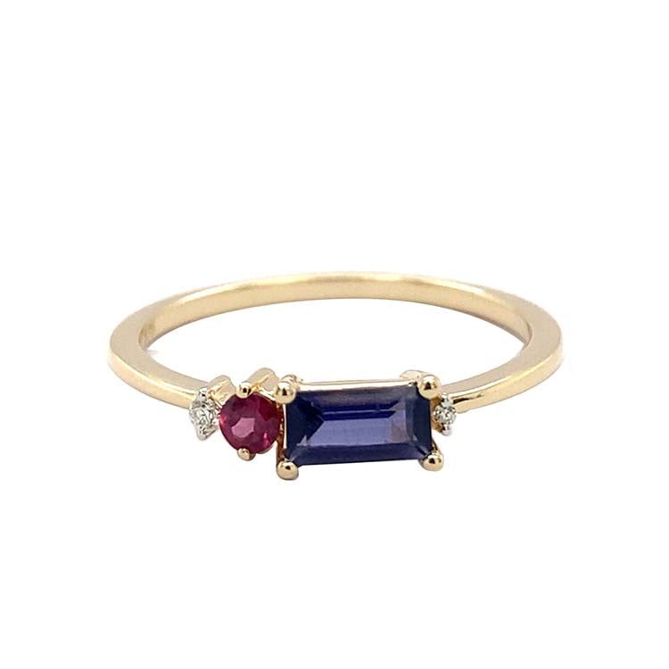 Diamond, Iolite, Rhodolite Ring with 0.02ct Diamond in 9ct Yellow Gold