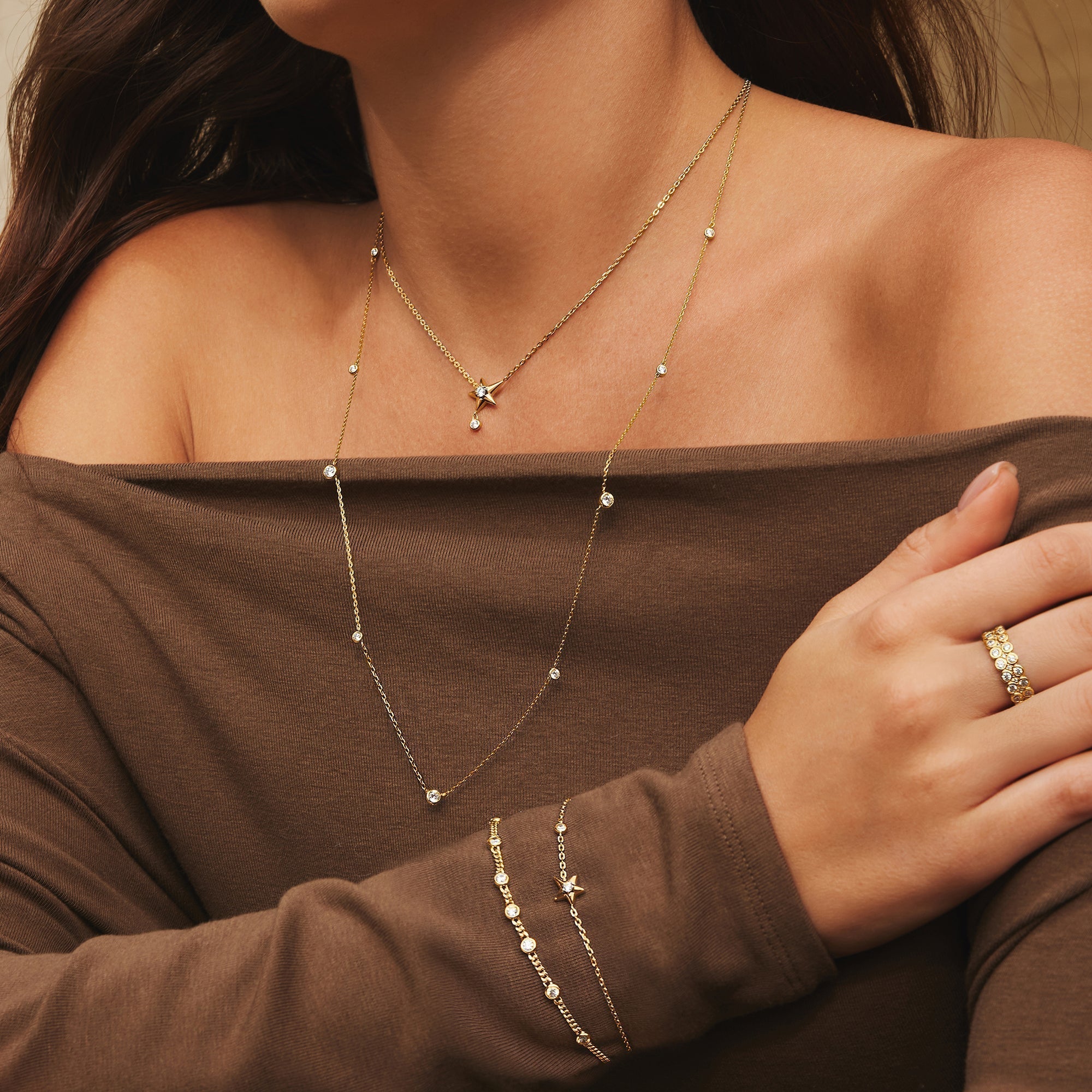 Gold Sparkling Star Drop Stud Earrings