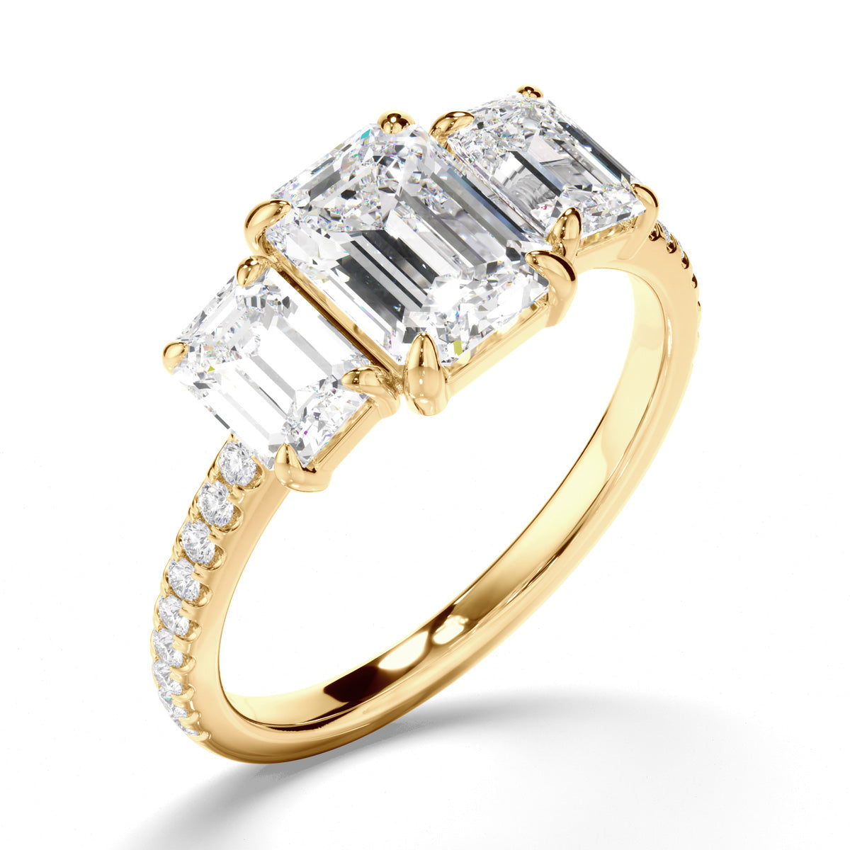 Emerald Cut Diamond Trilogy Engagement Ring with Pave Sides