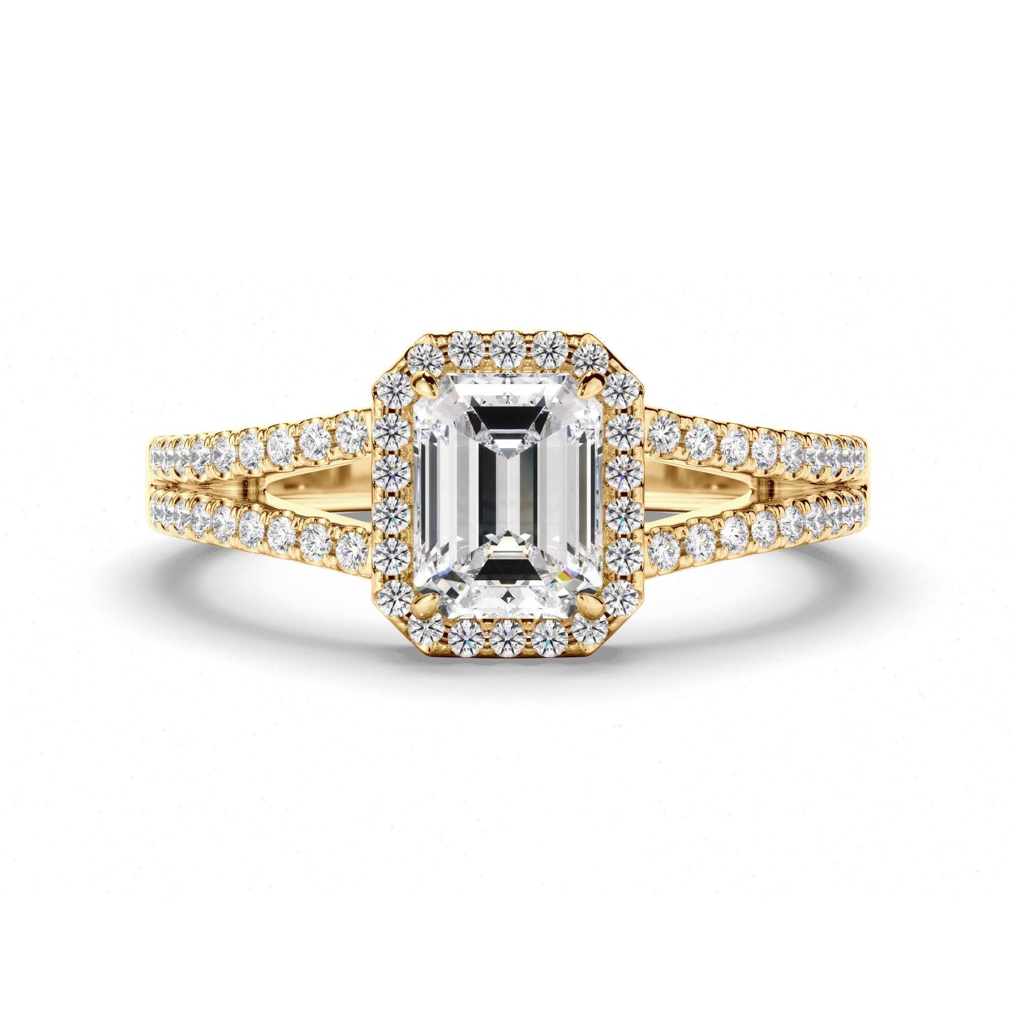 Emerald Cut Diamond Halo Engagement Ring with Pave Sides