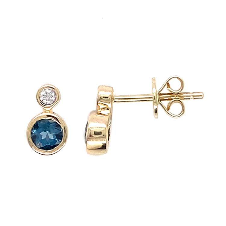 Diamond and Blue Topaz Earrings with 0.06ct Diamond in 9ct Yellow Gold