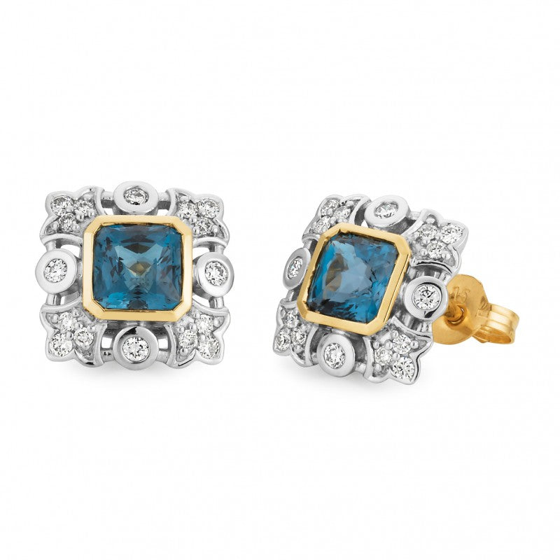 London Blue Topaz & Diamond Earrings in 9ct Yellow & White Gold