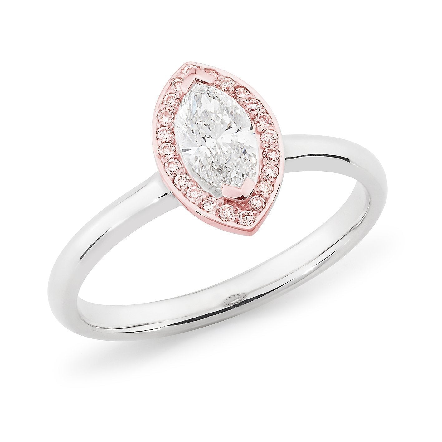 PINK CAVIAR 0.61ct White Marquise Cut & Pink Diamond Halo Engagement Ring in 18ct White Gold