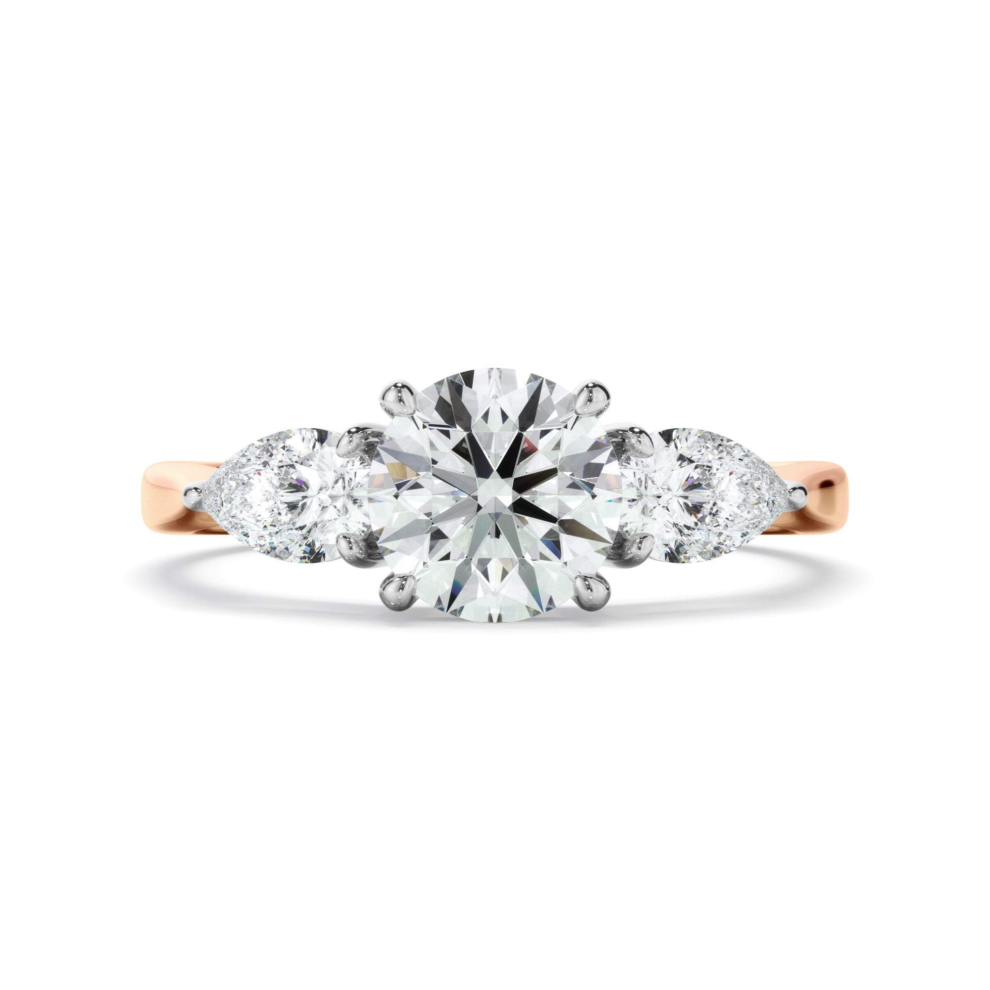 Round Brilliant Cut Diamond Engagement Ring With Pear Cut Diamond Sides
