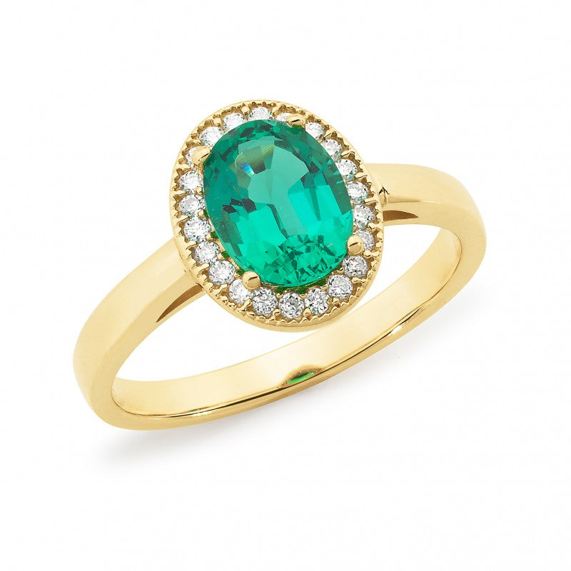 Created Emerald & Diamond Halo Dress Ring in 9ct Yellow Gold
