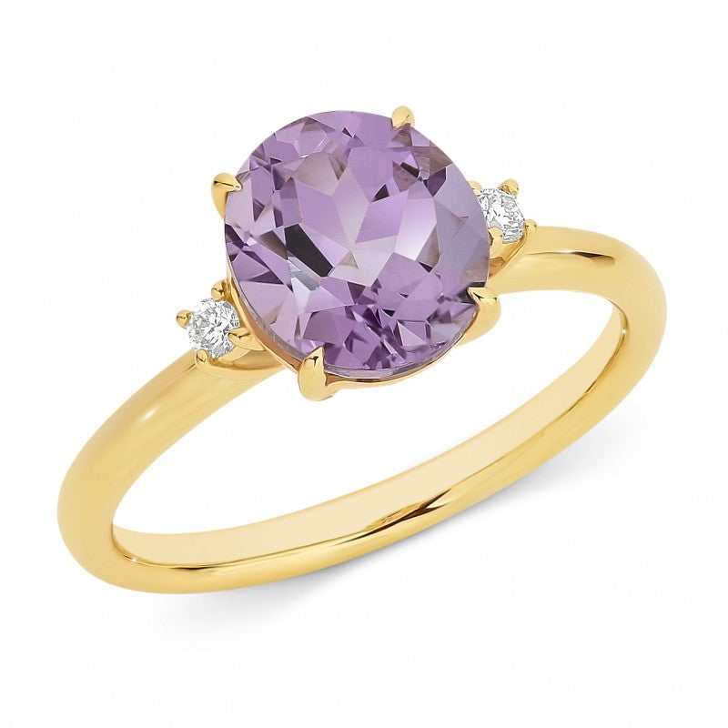 Pink Amethyst & Diamond Claw Set Dress Ring in 9ct Yellow Gold