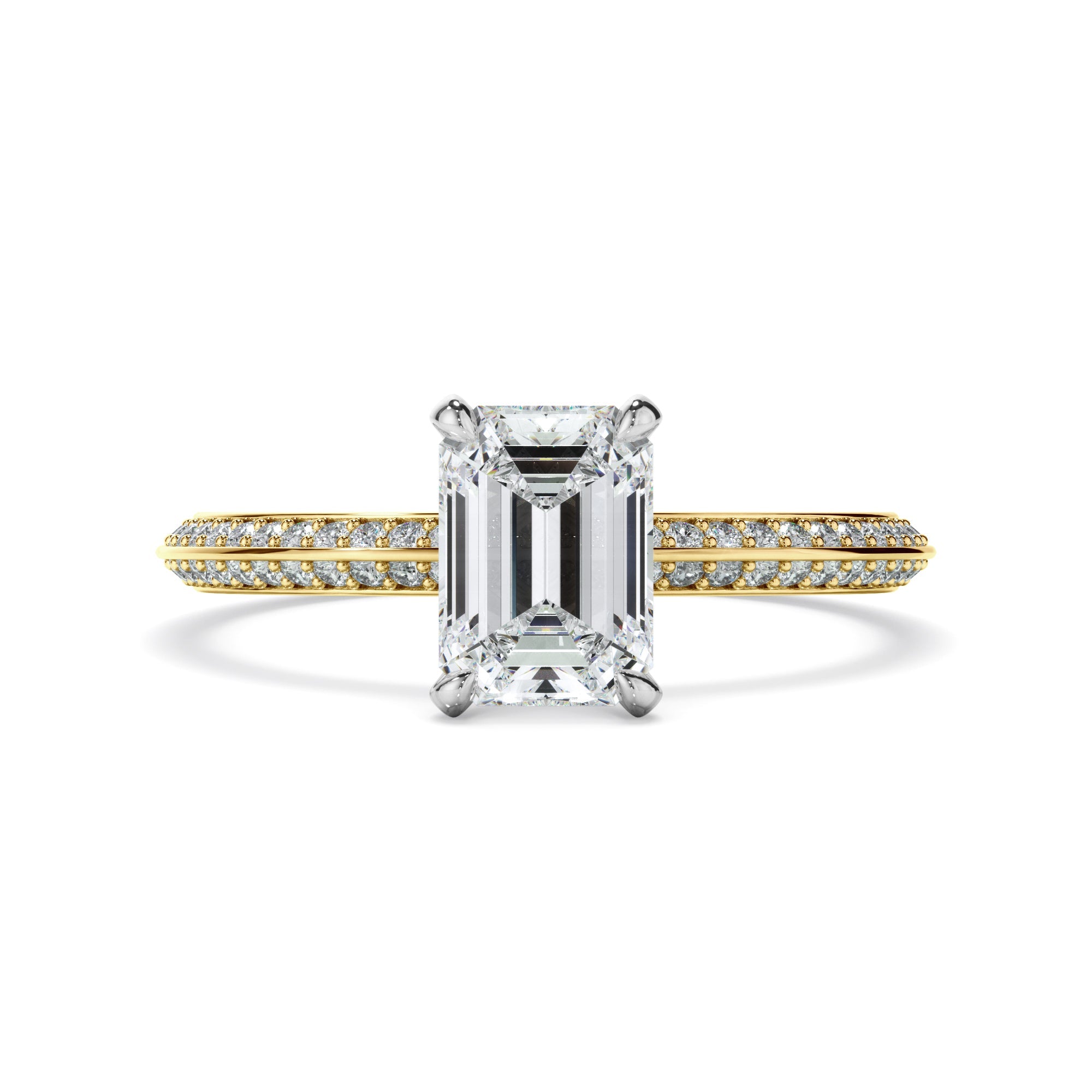Emerald Cut Diamond Knife Edge Engagement Ring With Diamond Pave Sides