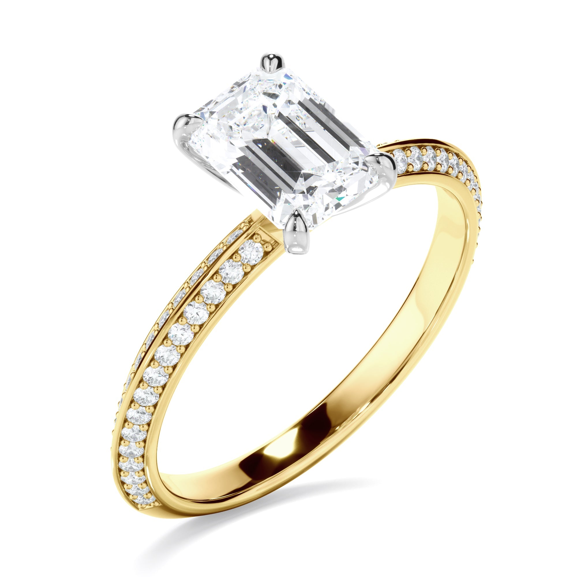 Emerald Cut Diamond Knife Edge Engagement Ring With Diamond Pave Sides