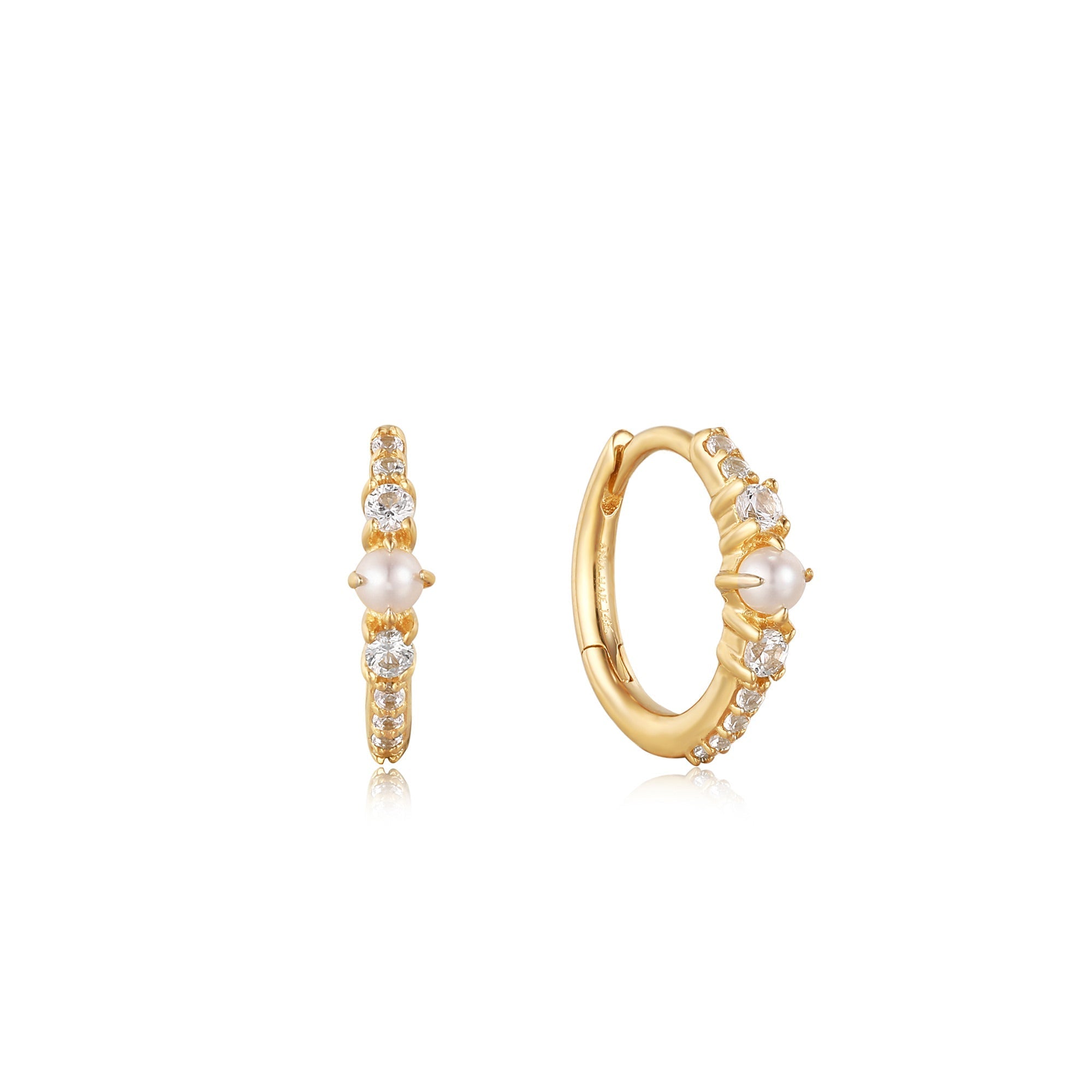 Ania Haie 14ct Gold Pearl and White Sapphire Huggie Hoop Earrings