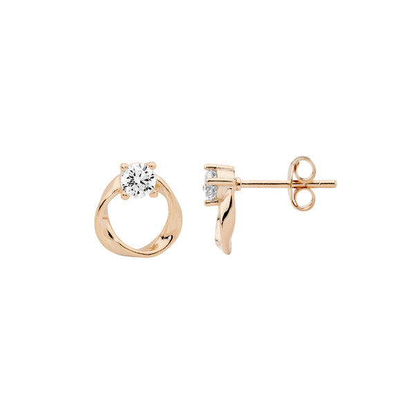 Sterling Silver 9mm Open Circle Twist Earrings With Cubic Zirconia & Rose Gold Plating 