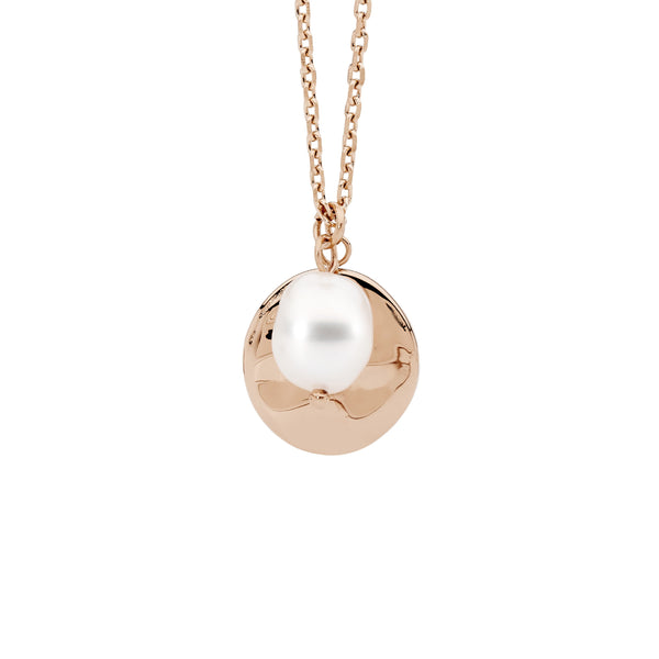 Stainless Steel Disk With Freshwater Pearl Pendant, 40+5cm & Rose Gold IP Plating 