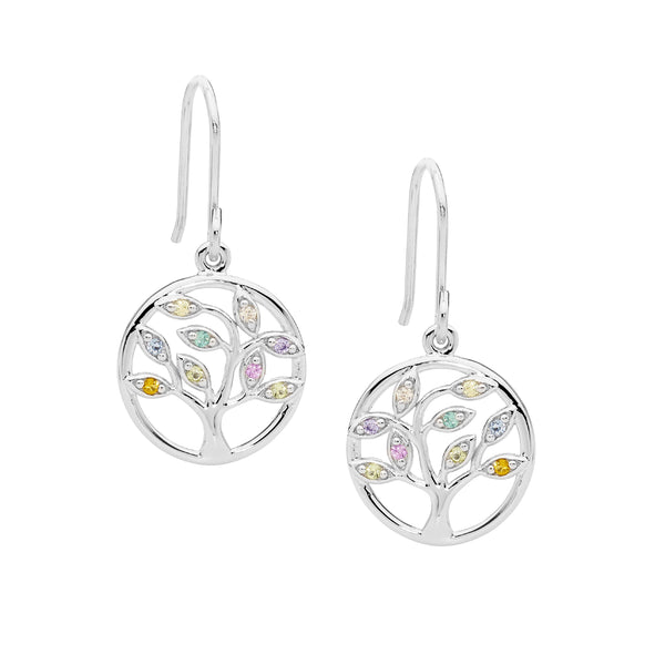 Sterling Silver Multi Colour Cubic Zirconia Tree Of Life Earrings