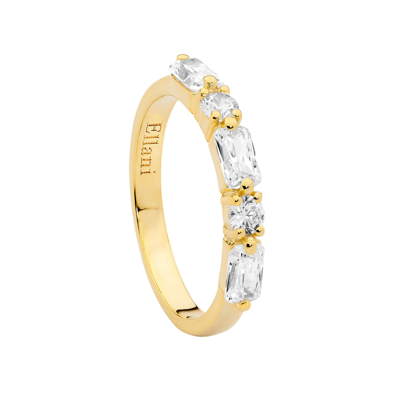 Sterling Silver Cubic Zirconia Round & Baguette Ring With Gold Plating 