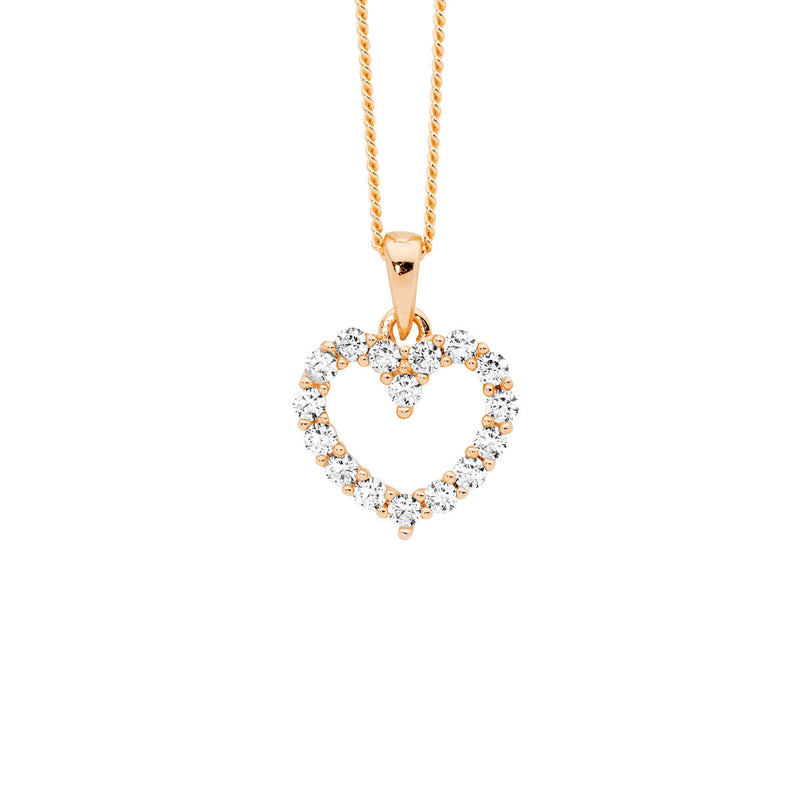 Sterling Silver Cubic Zirconia Open Heart Pendant with Rose Gold Plating 