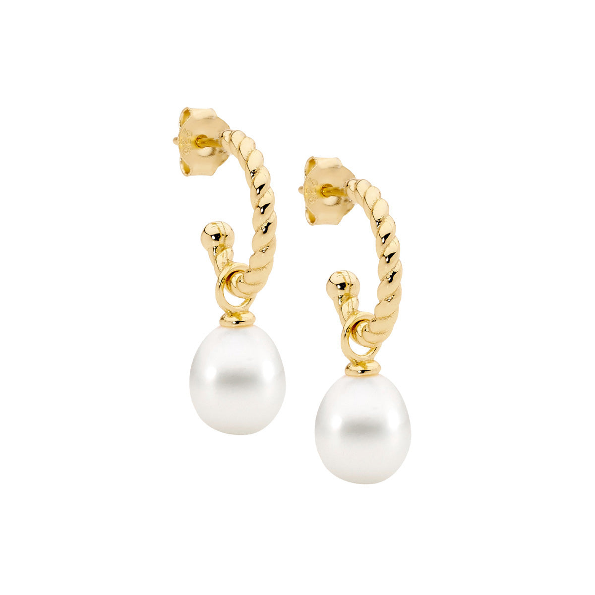 Sterling Silver Twist Hoop Gold Plated Earrings with Pearl Drop