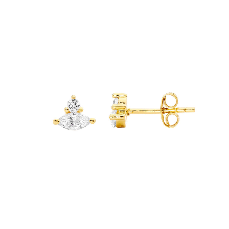 Sterling Silver Cubic Zirconia Marquise & Round Stud Earrings with Gold Plating 