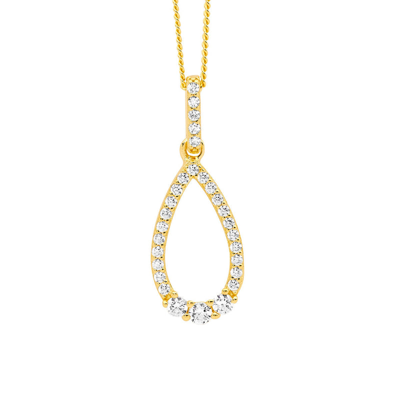 Sterling Silver Cubic Zirconia Open Tear Drop Pendant with Gold Plating 
