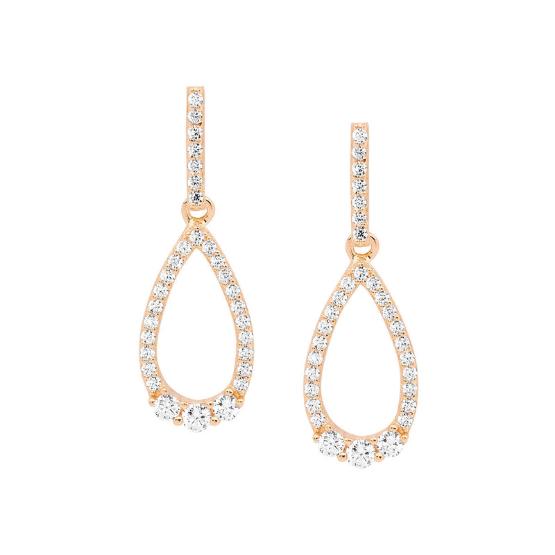 Sterling Silver Cubic Zirconia Open Tear Drop Earrings with Rose Gold Plating