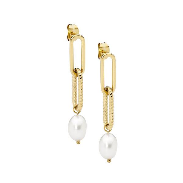Stainless Steel PaperclIP Earrings With Freshwater Pearl & Gold IP Plating 