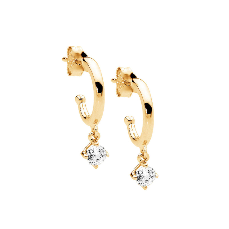 Sterling Silver Hoop Earrings with Cubic Zirconia Claw Set Drop and Gold Plating 