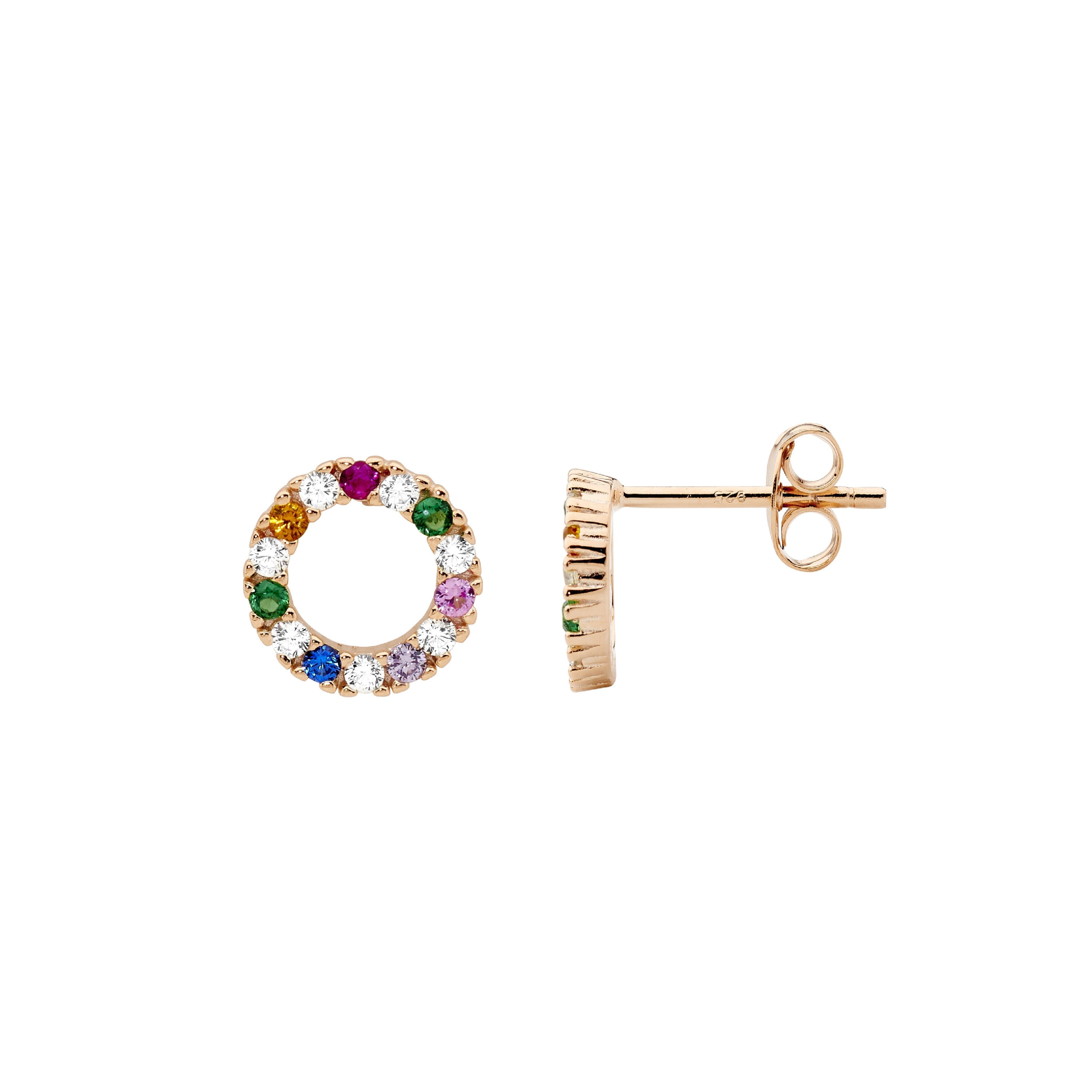 Sterling Silver & Multi Colour Cubic Zirconia 9mm Open Circle Earrings With Rose Gold Plating 