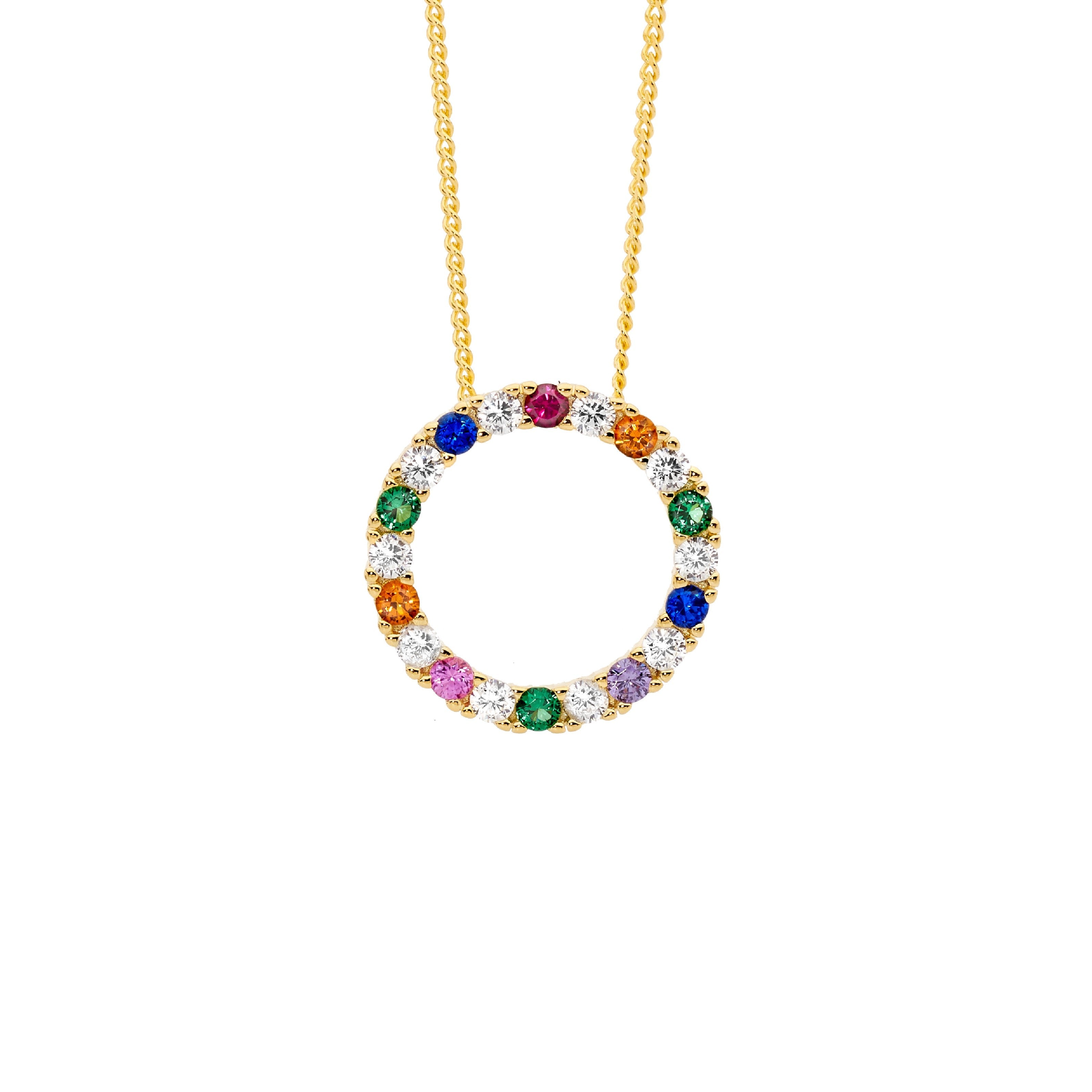 Sterling Silver & Multi Colour Cubic Zirconia 16mm Open Circle Pendant With Gold Plating 