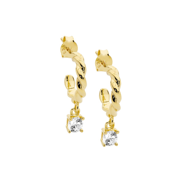 Sterling Silver 13mm Twist Hoop Earrings, Cubic Zirconia Claw Set Drop With Gold Plating 