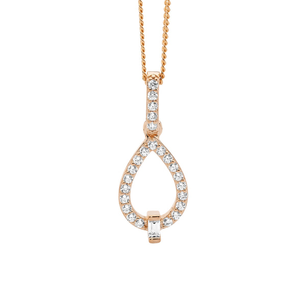 Sterling Silver Cubic Zirconia Open Tear Drop Pendant With Baguette & Rose Gold Plating 