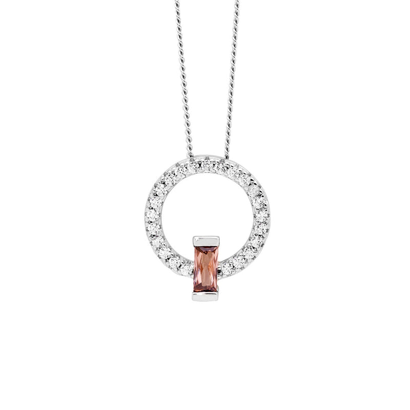 Sterling Silver Cubic Zirconia Open Circle Pendant with Rhodolite Baguette Cubic Zirconia 